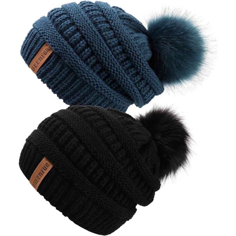 Women Black-Navy Acrylic Pack Of 2 Cable Knit Beanie Faux Fur Winter Slouchy Hat